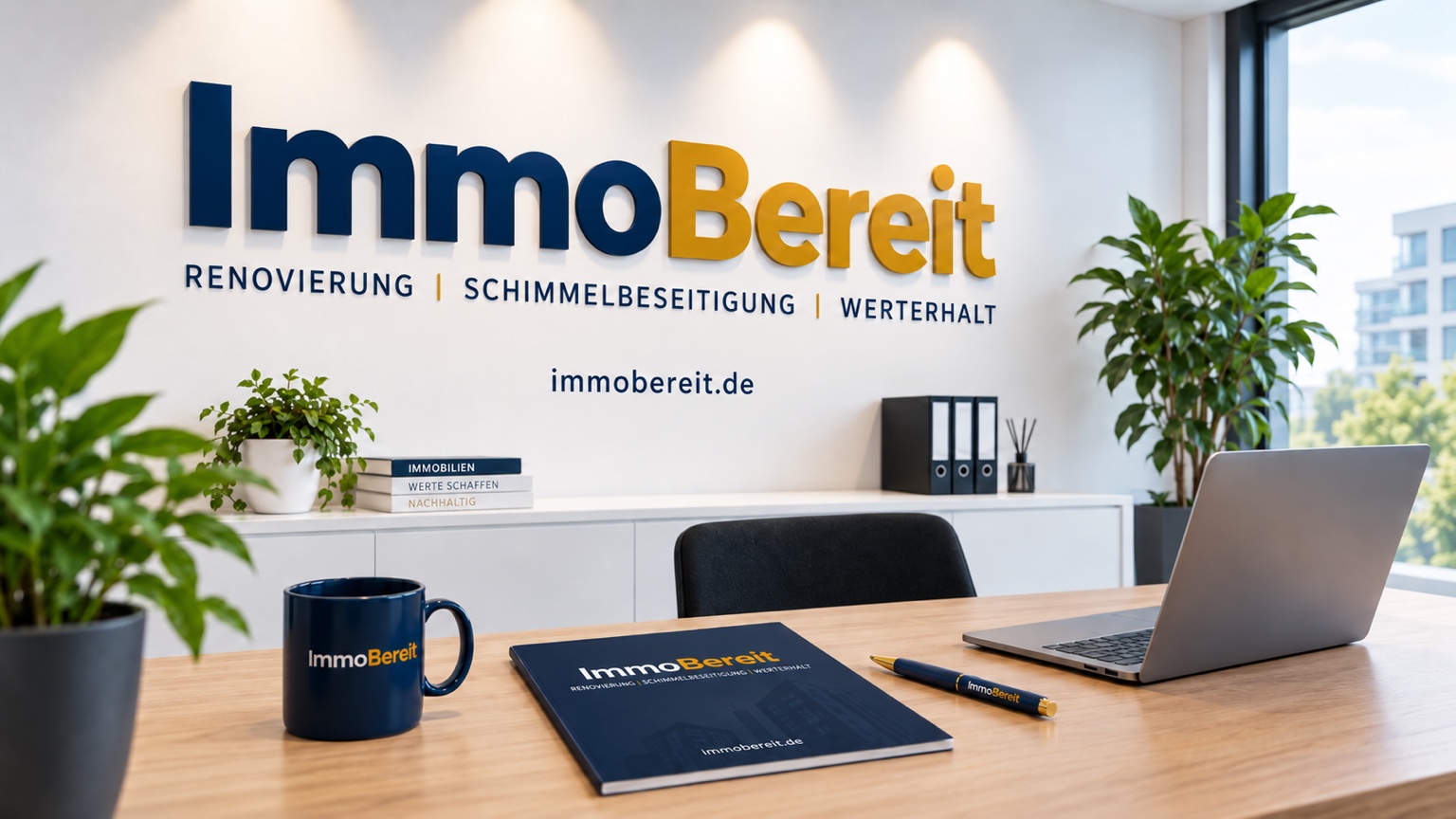 ImmoBereit Markenmotiv mit dunkelblauer und goldgelber Beschriftung in einem hellen Büro